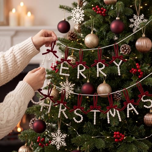 Christmas Pearl Letter Garland Banner with Velvet Bows - Holiday Decor