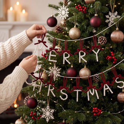 Christmas Pearl Letter Garland Banner with Velvet Bows - Holiday Decor