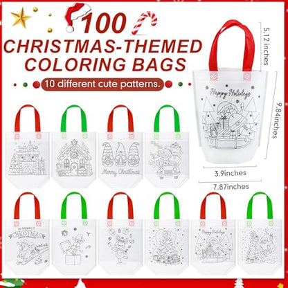 100 Pcs Christmas Coloring Goodie Gift Bags for Kids - Santa, Elf, Elk Designs