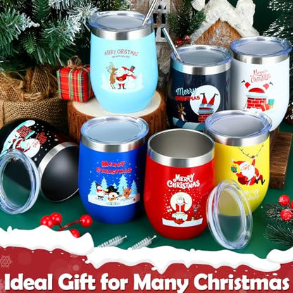 7-Piece Christmas Tumbler Set with Lids Straws & Brush - 12oz Holiday Gift