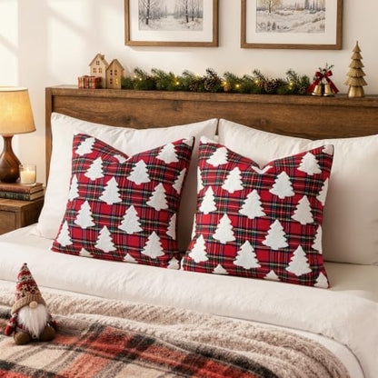 Christmas Pillow Covers 20x20 Set of 2 - Red Tartan & Tufted Tree Farmhouse Decor