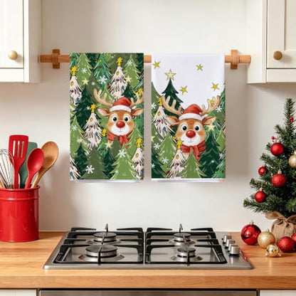 Green Christmas Kitchen Towels Deer Design 18x28 Inches - Holiday Dish Towels
