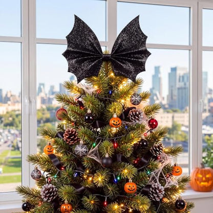 Black Bat Wing Bow Halloween Tree Topper - Spooky Gothic Decor