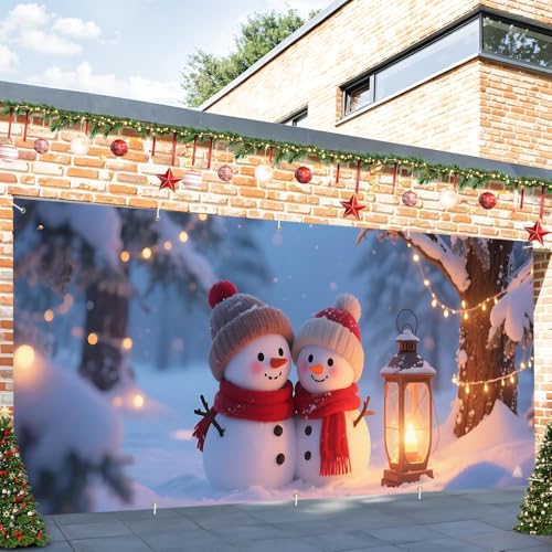 Snowman Lantern Garage Door Banner 16x7 Ft - Winter Snow Scene Decorative Flag - Holiday Outdoor Indoor Seasonal Decor - Variation of THISFIND 89