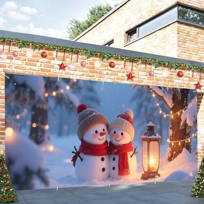 Snowman Lantern Garage Door Banner 16x7 Ft - Winter Snow Scene Decorative Flag - Holiday Outdoor Indoor Seasonal Decor - Variation of THISFIND 89