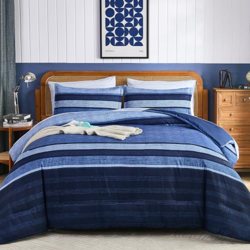 Navy Blue Queen Comforter Set 7 Pieces Striped Bed in a Bag - Soft Microfiber
