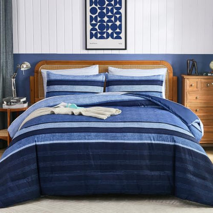 Navy Blue Queen Comforter Set 7 Pieces Striped Bed in a Bag - Soft Microfiber