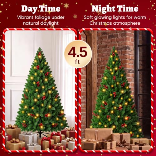 4.5 Ft Pre-Lit Artificial Christmas Tree with 120 LED Lights and Red Berries