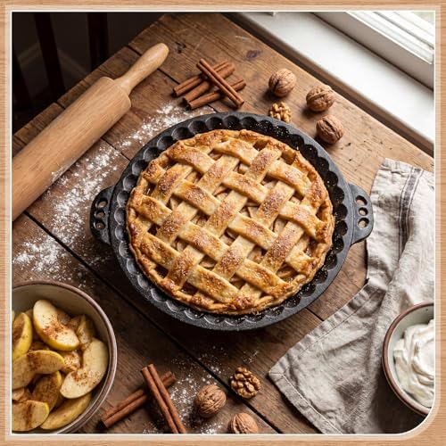 10-Inch Cast Iron Pie Pans Set with Crimped Edges & Handles - 2 Pack