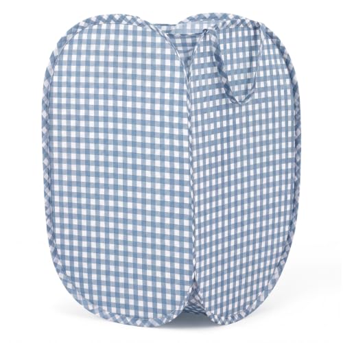 Dusty Blue Gingham Collapsible Laundry Basket Pop Up Hamper 14.57 Inch