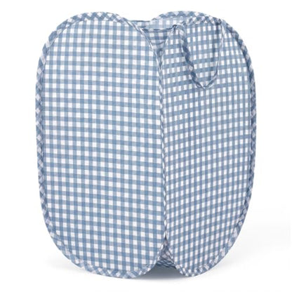 Dusty Blue Gingham Collapsible Laundry Basket Pop Up Hamper 14.57 Inch