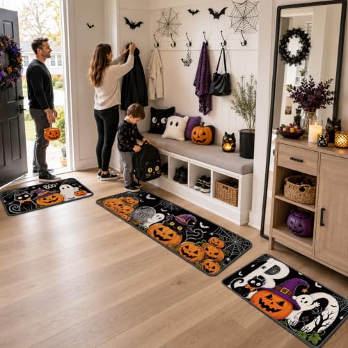 Halloween Kitchen Rugs and Mats Set - Black Cat Ghost Pumpkin Variation