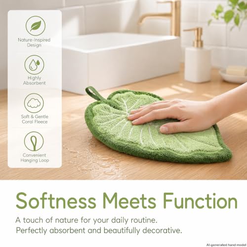 Green Leaf Hand Towels 2 Pack - Microfiber Bathroom & Kitchen Hand Drying