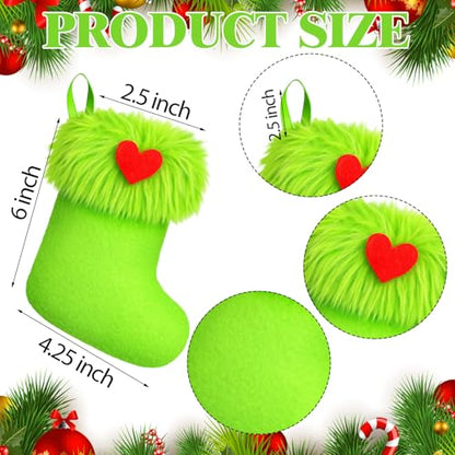 24 Pcs Mini Christmas Stockings - Green Faux Fur Holiday Decor, 6 Inch