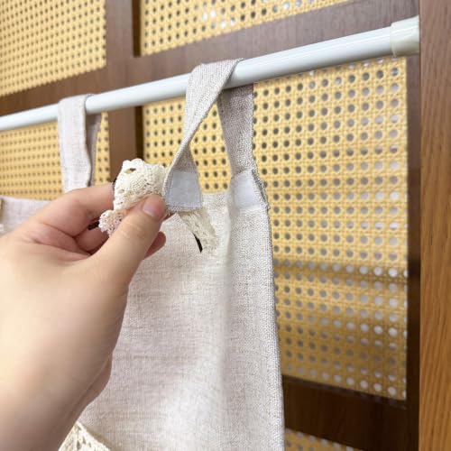 Boho Linen Oven Curtain with Crochet Storage Pocket - Beige, 30x24 Inches
