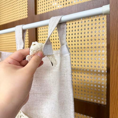 Boho Linen Oven Curtain with Crochet Storage Pocket - Beige, 30x24 Inches