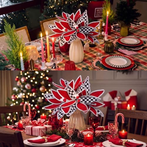 Black Checkered Christmas Poinsettia Artificial Flower Set - 12 Inch