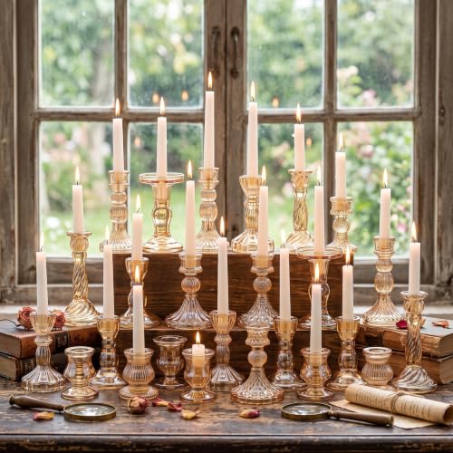 30Pcs Gold Glass Taper Candle Holders Assorted Sizes Elegant Decor