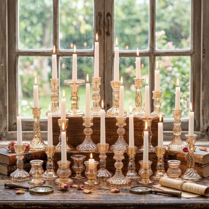 30Pcs Gold Glass Taper Candle Holders Assorted Sizes Elegant Decor