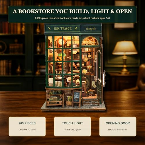 Miniature Bookstore DIY Kit with LED Light – Craft Model for Adults