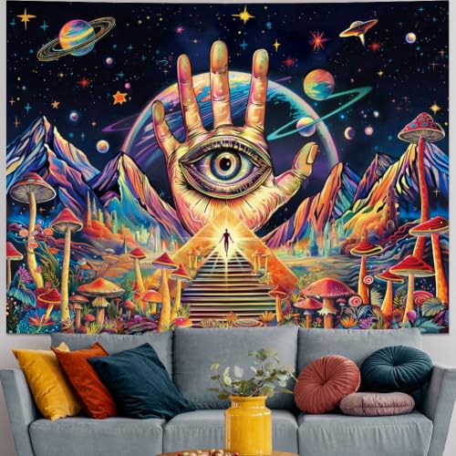 Blacklight Trippy Eye Tapestry UV Reactive Hamsa Hand Evil Eye Decor 59.1"L x 51.2"W