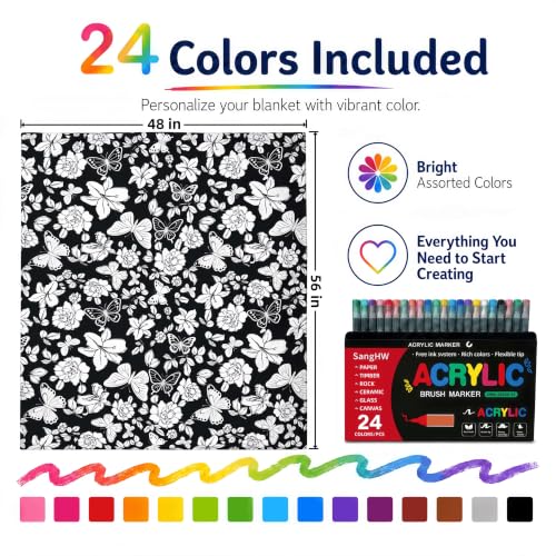 Black Flower Coloring Blanket with Markers - 48x56 Cozy Velvet DIY Craft Kit for Kids and Adults