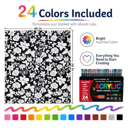 Black Flower Coloring Blanket with Markers - 48x56 Cozy Velvet DIY Craft Kit for Kids and Adults