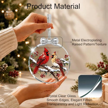Two Cardinals Bird Christmas Ornament Glass 3 x 3.3 Inches - Holiday Tree Decoration - Variation 01