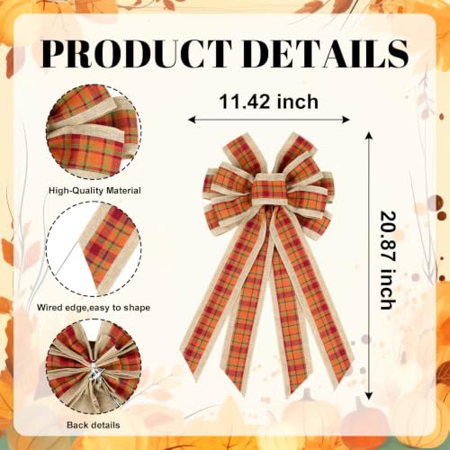 Large Fall Plaid Burlap Wreath Bow - Orange Autumn Door Decor