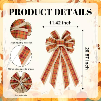 Large Fall Plaid Burlap Wreath Bow - Orange Autumn Door Decor