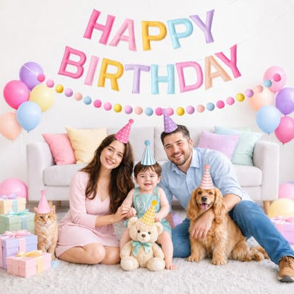 Pastel Rainbow Happy Birthday Banner Set with Party Hats - Soft Colors