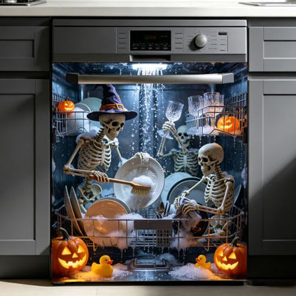Halloween Skeleton Dishwasher Cover Sticker - Skeleton Team Spooky Ghost Waterproof Vinyl Decal