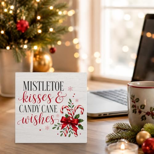 Christmas Candy Cane Mistletoe Wooden Sign - Wishes Holiday Table Decor