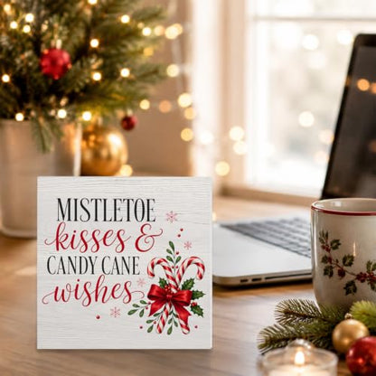 Christmas Candy Cane Mistletoe Wooden Sign - Wishes Holiday Table Decor