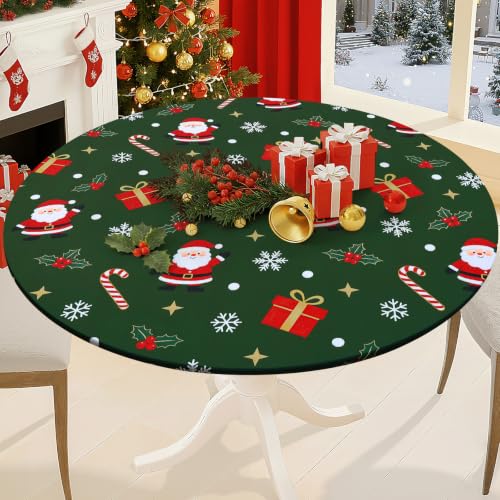 Christmas Round Spandex Tablecloth Fitted Cover for 45-56 Inch Tables - Green & White