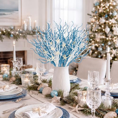 15PCS Coastal Christmas Glitter Picks Decorations - Blue & White Holiday Spray