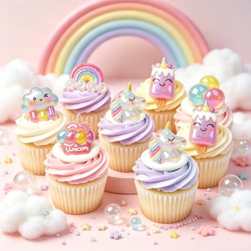 24 Pcs Unicorn Rainbow Glitter Cupcake Topper Rings - Unicon Variation