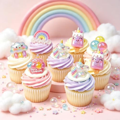 24 Pcs Unicorn Rainbow Glitter Cupcake Topper Rings - Unicon Variation