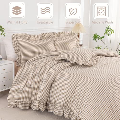 Gingham Twin Comforter Set with Sheets for Girls - 6 Pieces, Tan Ruffle Bedding