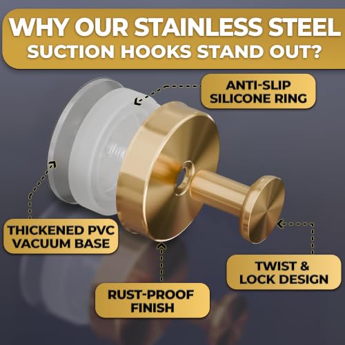 Gold Suction Cup Hooks for Shower or Kitchen - Holds 11 Lbs - 2 Pack - Variation of THIS listing