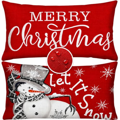 2 Pack Christmas Waterproof Lumbar Pillow Covers 12x20 - Red Snowman & Merry Christmas