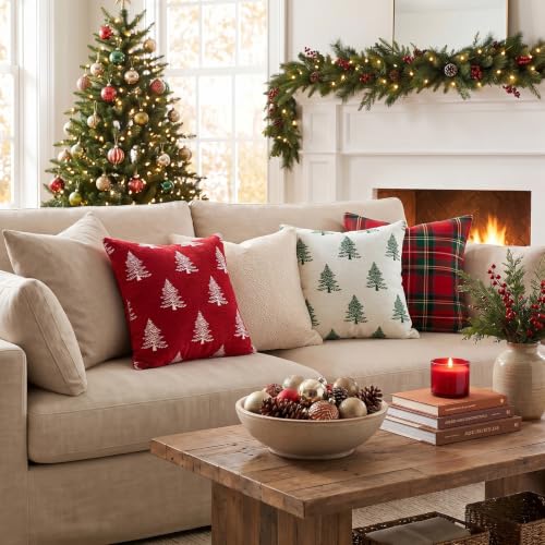 Artscope Christmas Chenille Pillow Covers 20x20 Inch Set of 2 - Beige & Green