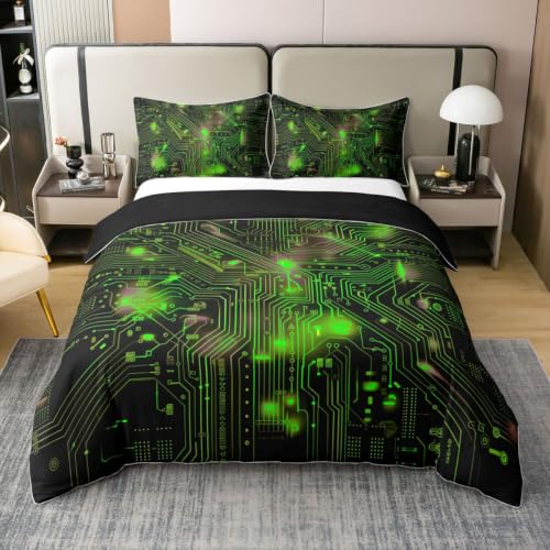 Green Black Twin Cotton Duvet Cover Set with Hidden Zipper & Corner Ties