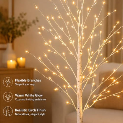 4ft Birch Tree with Lights - 64 LEDs, USB, 8 Lighting Modes, IP44