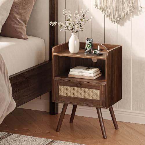 Superjare Nightstands Set of 2 with Charging Station, 11.8 x 15.9 x 23.4 Inches, Dark Walnut