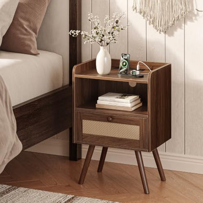 Superjare Nightstands Set of 2 with Charging Station, 11.8 x 15.9 x 23.4 Inches, Dark Walnut