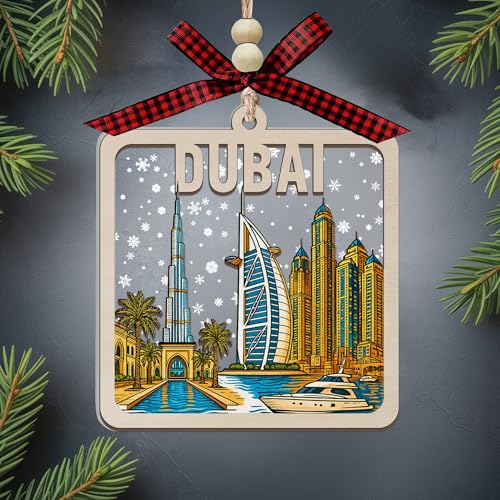 Wooden Christmas Ornament with Dubai Skyline - Burj Khalifa & Marina Towers Snow Scene