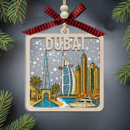 Wooden Christmas Ornament with Dubai Skyline - Burj Khalifa & Marina Towers Snow Scene
