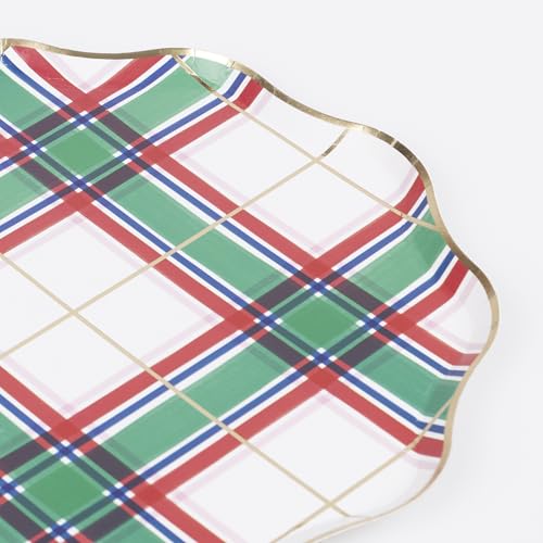 Christmas Party Plates with Tartan Pattern - Pack of 8, Wavy Edge, Gold Foil Accents