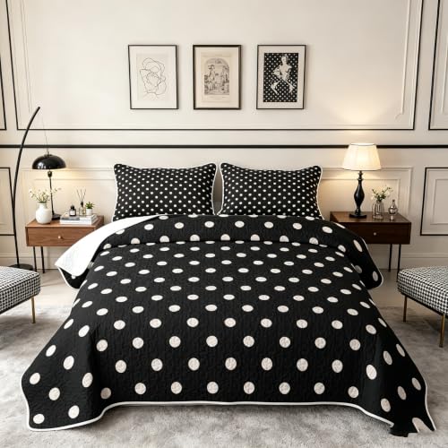 King Size Black White Polka Dot Quilt Set 3 Pieces Bedding with Pillowcases - Retro Geometric All Season Comfort